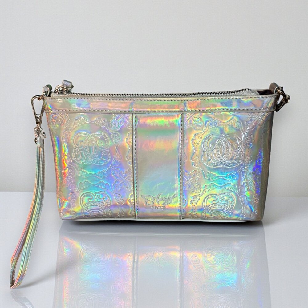 Sharif Hologram Silver Patent Leather Wristlet Crossbody & Original Sharif Charm - Picture 2 of 16